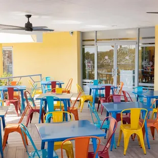 tables and chairs on a patio