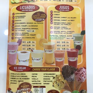 Aguas Frescas, Licuados (Milk fruit shake) , Jugos (Natural Juices), Ice Cream