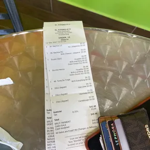 a receipt and a wallet on a table