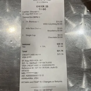 a receipt for a restaurant