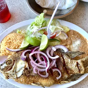 Fried Fish, Rice, chorizo beans, and a simple salad