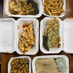 kimchi fried rice, furikake fries, pork bulgogi quesadilla, cheese quesadilla, korean elote, and pork tamales