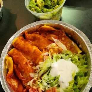 Enchiladas Super Rancheras and order of Guacamole Lago - carryout
