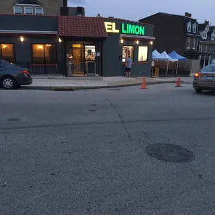 the entrance to a restaurant