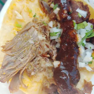 Inside the queso taco chivo(goat) was filled with a lot of meat!! Cilantro onion n chile borracho, not spicy.