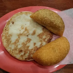 Arepa and 2 empanadas (chicken &amp; beef)