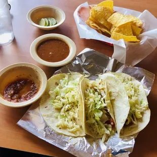 3 soft chicken tacos &amp; El Lorito's authentic hot sauce