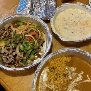 Fajitas, beans and rice and Queso Fundido