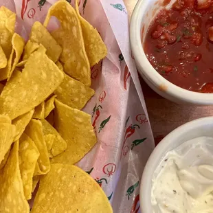Chips, salsa, spicy ranch