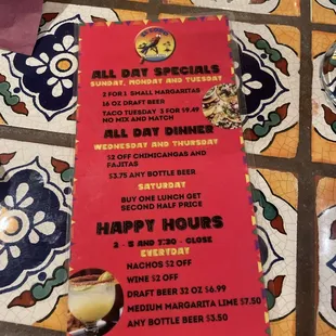 Specials menu
