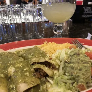 Enchiladas Verde with guacamole and salad