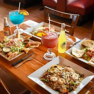 a table of food and drinks