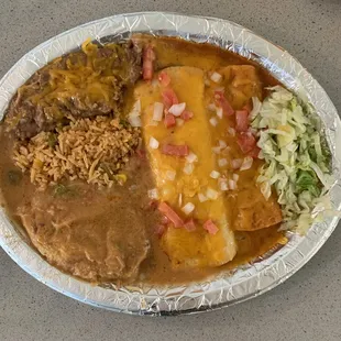 Combo Plate #5 - Cheese Enchilada, Bean Burrito, Soft Chile Relleno, Rice &amp; Beans