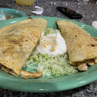 Quesadilla grande! One steak, one chicken! Sooo good! Steak was perfect
