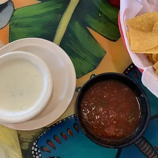Cheese dip salsa and chips