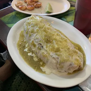 Veggie burrito with a side of shrimp