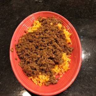Side of rice with ground beef on top