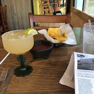Regular size margarita and complimentary chips and salsa.