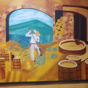 a painting of a man in a barrel