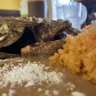 a plate of fish and rice
