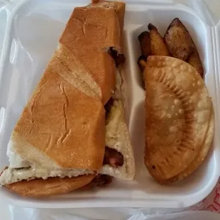 Bacon Cuban sandwich, plantains, beef empanadas