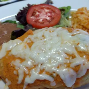 Yummy Chile relleno, beans and rice.
