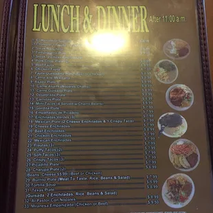 a menu for lunch and dinner