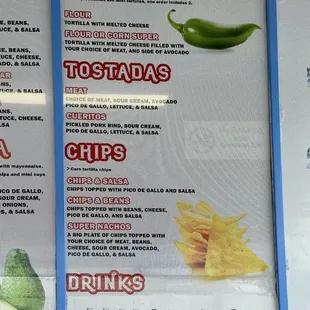 Menu: Quesadillas, Tostadas, Chips, Drinks