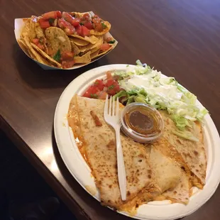 Chicken quesadilla with chips &amp; salsa. Two big old thumbs up for this fresh authentic Mexican joint.