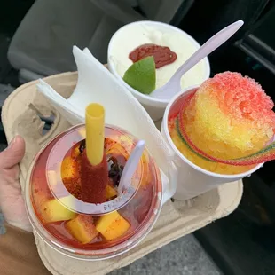 Mangonada, half and half pina/fresa raspa, elote en vaso all smalls