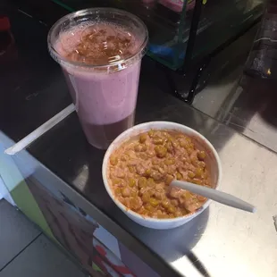 Strawberry shake &amp; Mexican street corn.