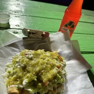 5X chewy beef Rolled joint (Flautas... rolled tacos) and some green sossss