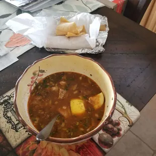 Very tasty, but less than a dozen little pieces of meat, and almost no hominy.  Not worth the $15.00.