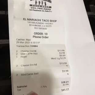 Extreme pricing for 2 cheese enchiladas a la cart