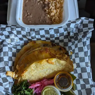 Queso Tacos: 1 Pollo &amp; 1 Al Pastor for $4 each. Rice &amp; Beans for $5.