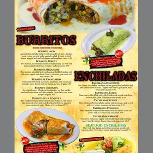 a menu for burritos and enchiladas