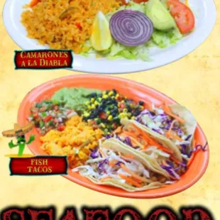 a plate of seafood and a plate of rice