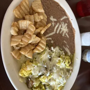 Chile Verde and eggs breakfast plate