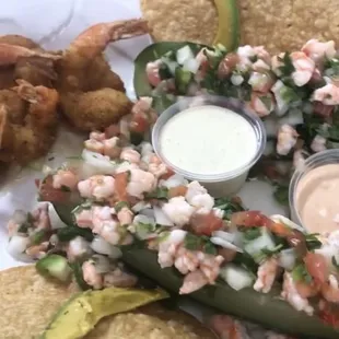 Shrimp Trio Shrimp ceviche, breaded shrimp, and sautéed