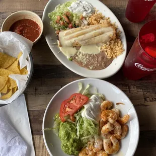 Shrimp salad and chimichanga