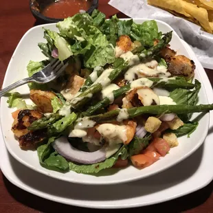 Super tasty (and healthy) grilled shrimp and asparagus salad with Cesar dressing and only $10!