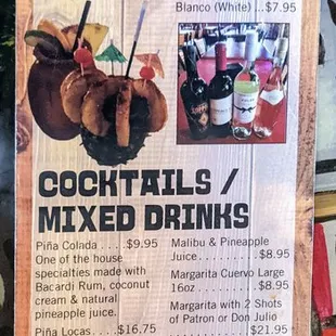 a menu for cocktails and mixed drinks