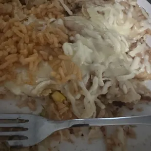 Dry-ass Chicken enchiladas with &quot;ranchero&quot; sauce, frozen bagged rice and liquid beans - yum.