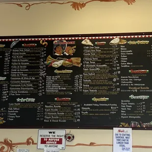 a menu on the wall