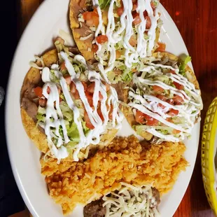 #25 dinner. Three tostadas w/rice and beans