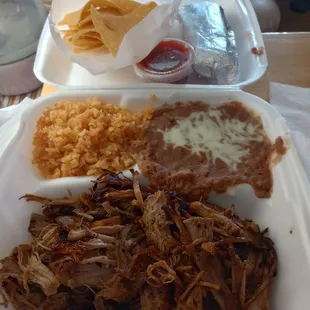 This is the order Combination Carnitas with rice and beans, corn tortillas chips &amp; salsa ( carnitas looked burnt &amp; dry)