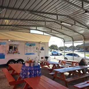 Seating area, covered with lots of tables