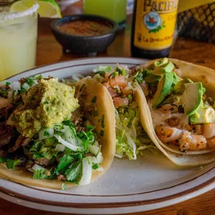Carne asada taco and shrimp taco