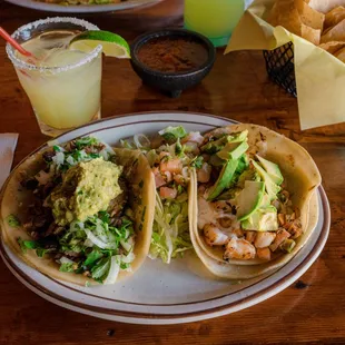 Carne asada taco and shrimp taco