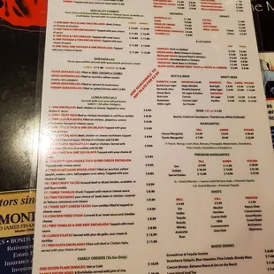 the menu for el matador